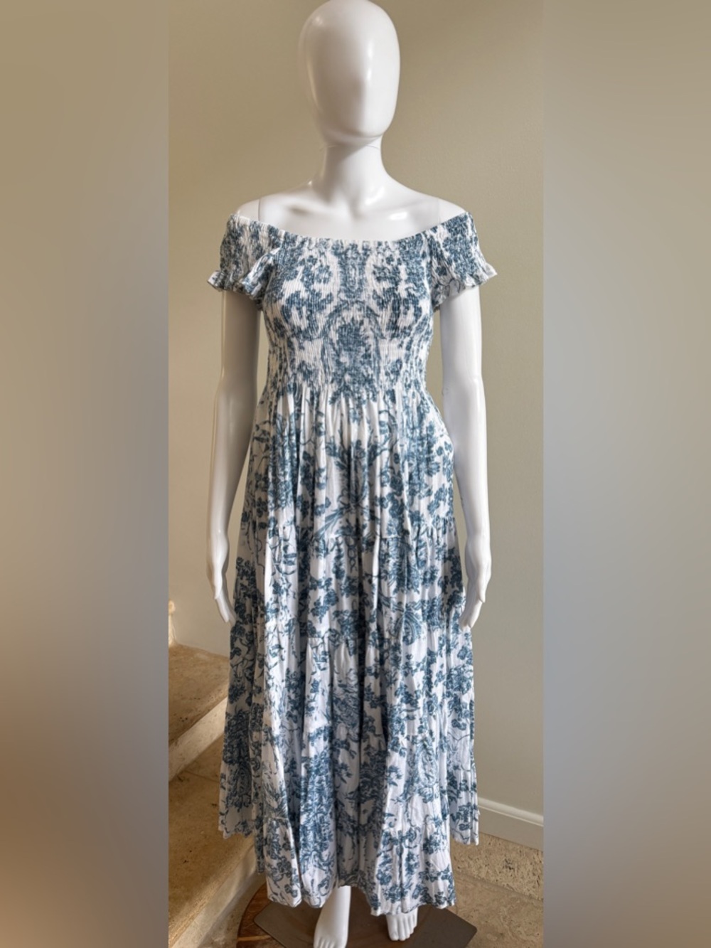 CB POSITANO Blue & White Smocked Maxi Floral Cotton Dress One Size